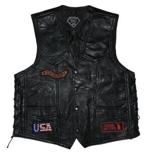 Diamond Plate Leather Vest Mens Medium Black Biker‎ Patchwork #Motorcycle